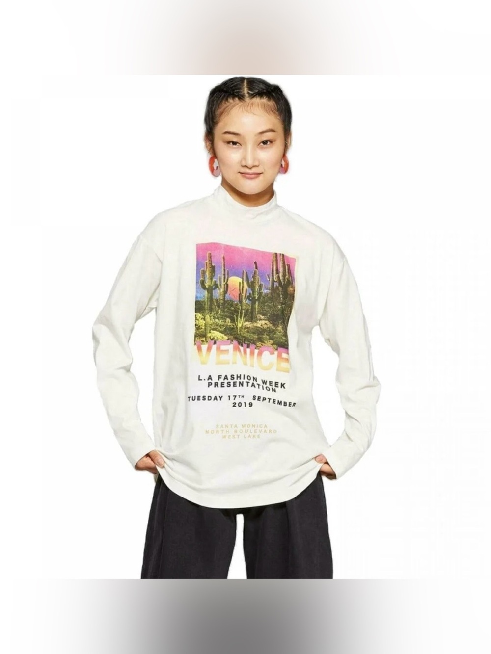 Venice Graphic Long-Sleeve Tee in off white,mock turtle neck•••NWT,Indie Grunge•